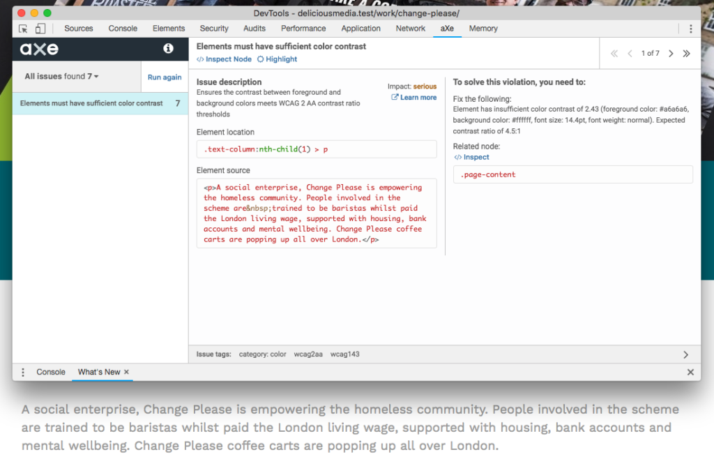 Screen shot of AXE accessibility tool in action