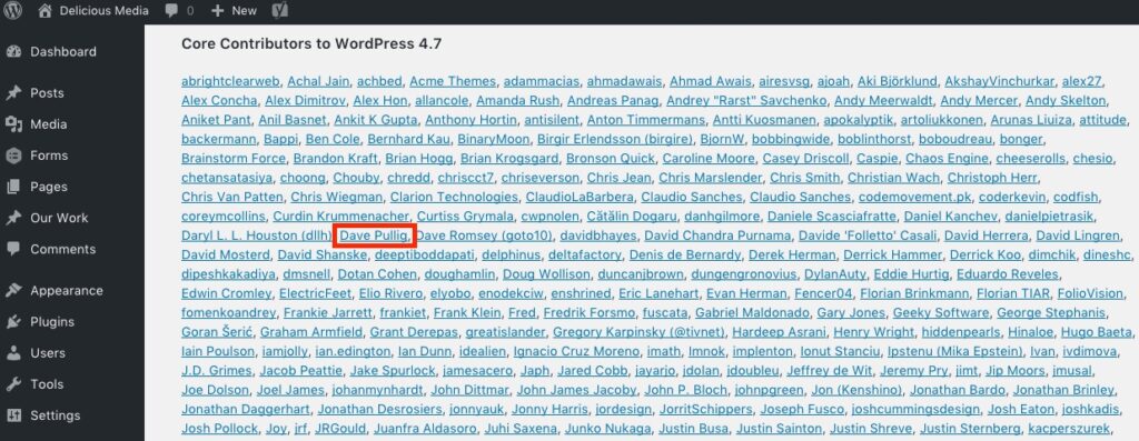 Screenshot of the WordPress credits screen with Dave Pullig's name highlighted.