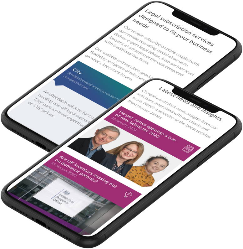 Mobile phone mockups of HJ Solicitors website.