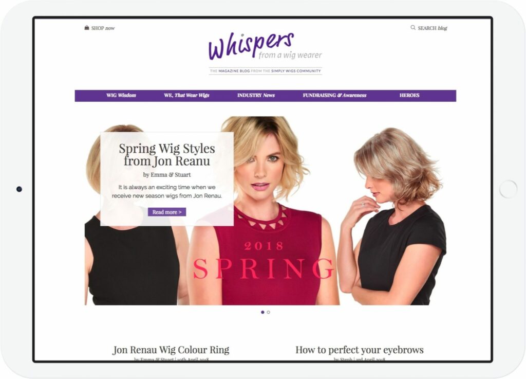 Simply Wigs blog shown on tablet