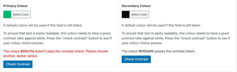 Colour picker interface showing a colour which has been selected and fails our check, alongside one which passses.
